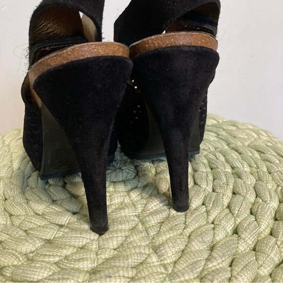Pedro Garcia Black Suede Perforated Peep Toe Platform Heel Sandals - Picture 6 of 9